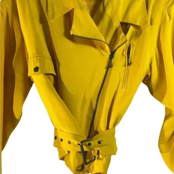 Vintage 80s Yellow Silk Moto Jacket Bold Shoulders Structured Hong Kong Made - Picture 5 of 15
